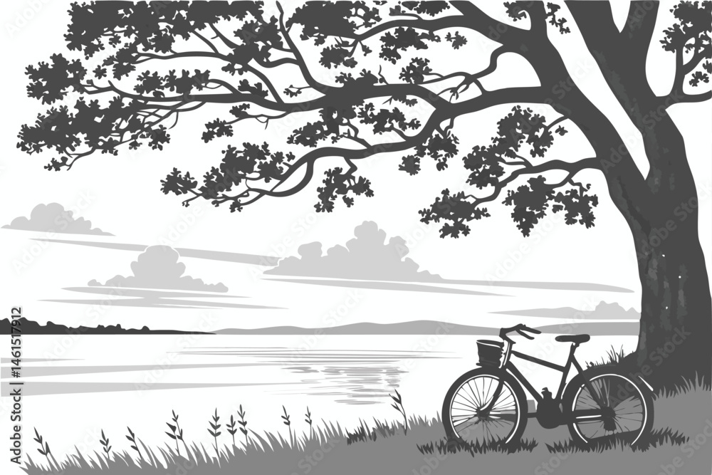 Fototapeta premium 10 black and white illustration, detailed line art, serene lakeside scene, large tree with textured bark, bicycle leaning against tree, calm water surface, distant shoreline, wispy clouds, grassy fore