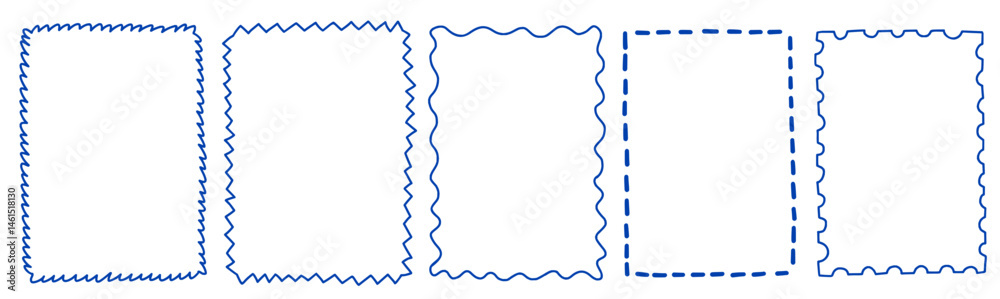 Set of elegant whimsical hand-drawn blue frames. Trendy vintage postage borders for wedding invitations