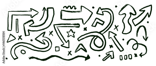 Abstract brush drawing textured grunge arrow in outline doodle style. Set of hand drawn paint object. Design grunge chalk elements.
