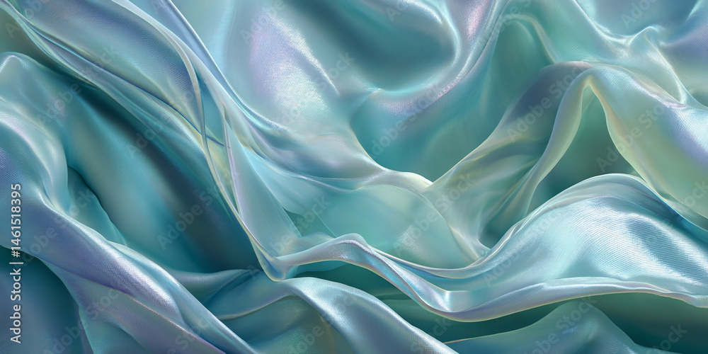 Fototapeta premium Soft, teal fabric texture with iridescent sheen, flowing in graceful waves, suggesting elegance, luxury, and smoothness