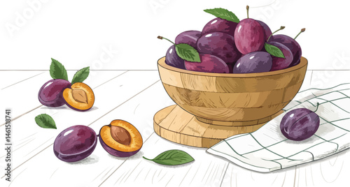 Plums in bowl on table in kitchen Illustration vector design, Plum Illustration vector design
