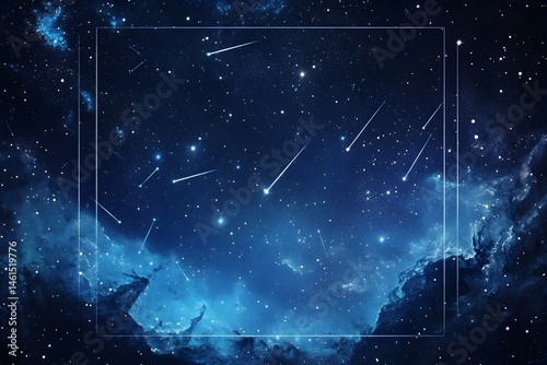 Abstract blue night sky with meteor showers and celestial nebulas within a square frame