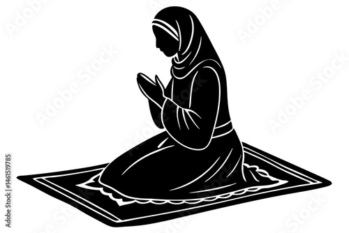 Black silhouette of woman kneeling in prayer on prayer mat design, woman, prayer, praying, silhouette, islam, muslim, religion, religious, mat, carpet, kneeling, devotion, faith, islamic, spiritual