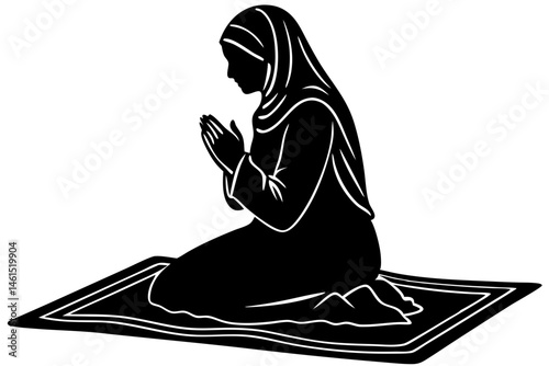 Kneeling woman silhouette on prayer mat in devotion and spirituality, silhouette, woman, prayer, praying, kneeling, religion, religious, islam, muslim, devotion, spiritual, spirituality, faith, mat