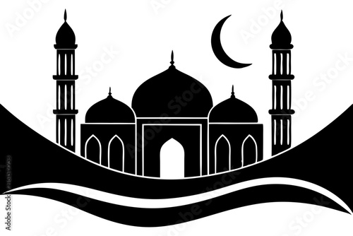 Panoramic mosque silhouette vector landscape illustration for ramadan background design, mosque, silhouette, panoramic, landscape, islam, muslim, religion, religious, eid, ramadan, kareem, mubarak