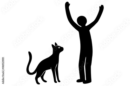 Silhouette of a person standing interacting with a cat design vector, silhouette, person, cat, interaction, standing, pet, animal, feline, domestic, vector, design, graphic, illustration, artwork
