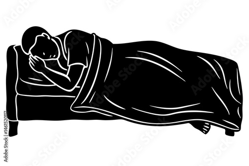 Silhouette of a person sleeping on bed vector art illustration, silhouette, sleeping, bed, person, sleep, bedroom, lying, human, lifestyle, night, relax, rest, dream, bedtime, blanket, vector