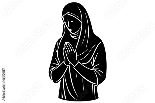 Silhouette of a single woman standing silently in prayer and hope, silhouette, woman, prayer, praying, hands, hope, faith, religion, religious, worship, spiritual, spirituality, vector, illustration