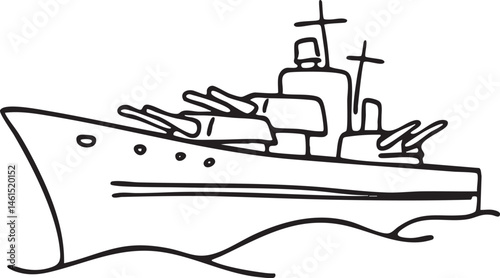 A black and white sketch of a naval warship floating on the water.