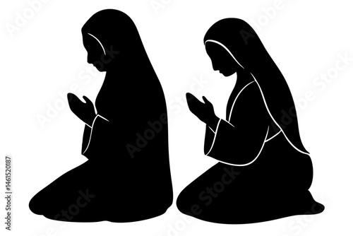 Silhouette of two women kneeling in prayer with hands pressing together, woman, silhouette, kneeling, prayer, praying, worship, faith, religion, religious, hope, spiritual, spirituality, belief