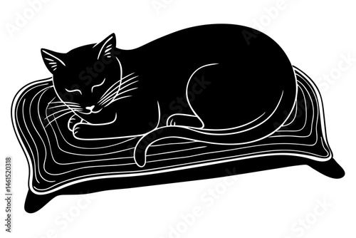 Sleeping cat silhouette on bed lying on its side vector image, cat, sleeping, bed, pet, animal, feline, domestic, rest, nap, comfort, cozy, relaxing, side, lying, pose, silhouette, vector, illustratio