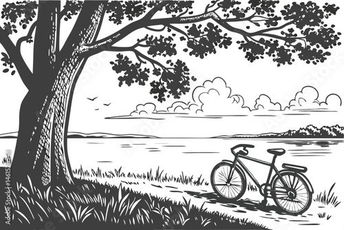 10 black and white illustration, detailed line art, serene lakeside scene, large tree with textured bark, bicycle leaning against tree, calm water surface, distant shoreline, wispy clouds, grassy fore