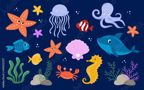 Set of colorful sea animals with fish, whale, starfish, crab and coral reef