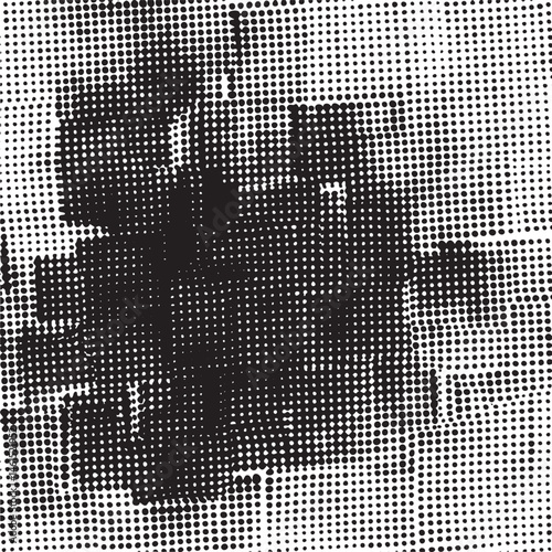 A monochrome portrait features a blurred human face composed of numerous small dots.