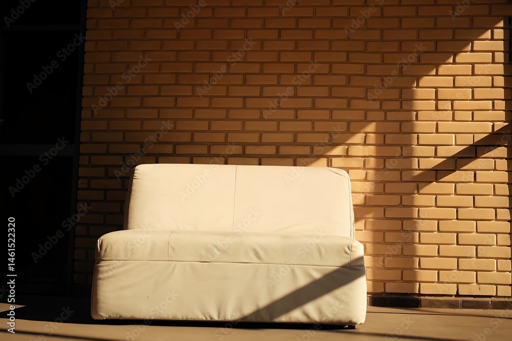 Naklejka premium White Sofa Against Brick Wall in Sunlight Modern Minimalist Interior Design