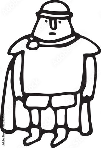 A solitary figure stands in a simple stylized pose.