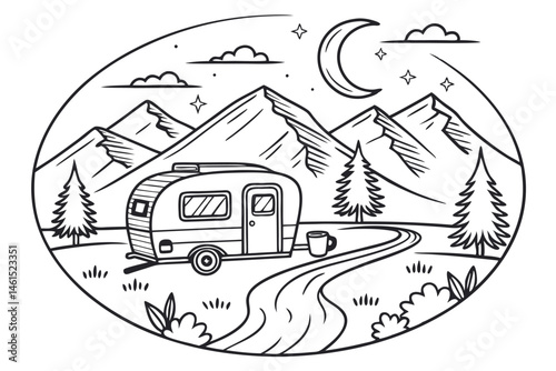 11 Circular camping scene, mountain landscape, pine trees, travel trailer, winding path, coffee mug, sun and clouds, night sky, stars, hand-drawn style, black and white illustration, detailed linework