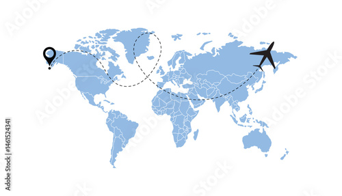 world map, flying white airplanes routes vector illustration