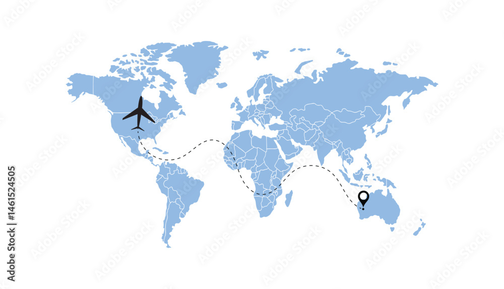 Naklejka premium world map, flying white airplanes routes vector illustration