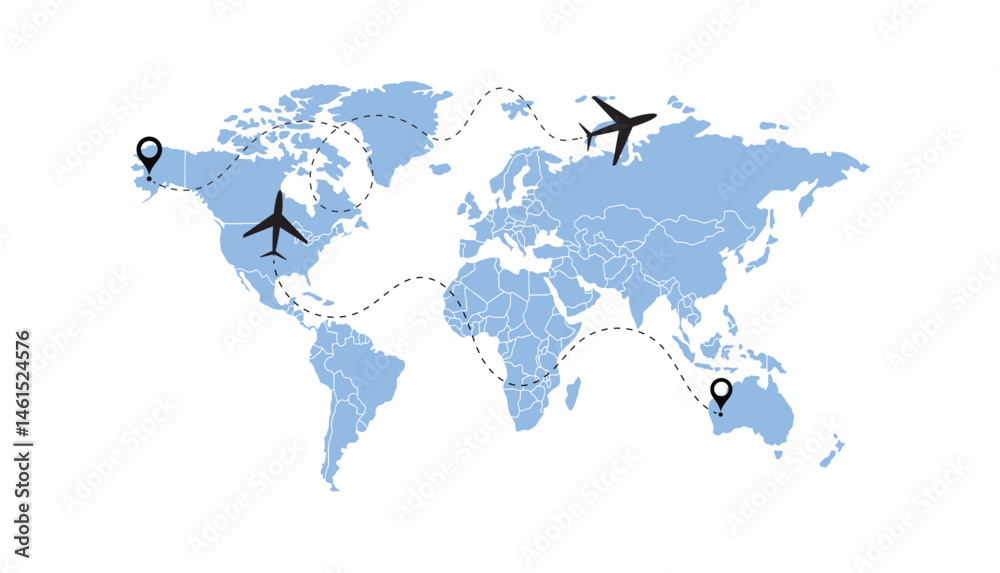 Naklejka premium world map, flying white airplanes routes vector illustration