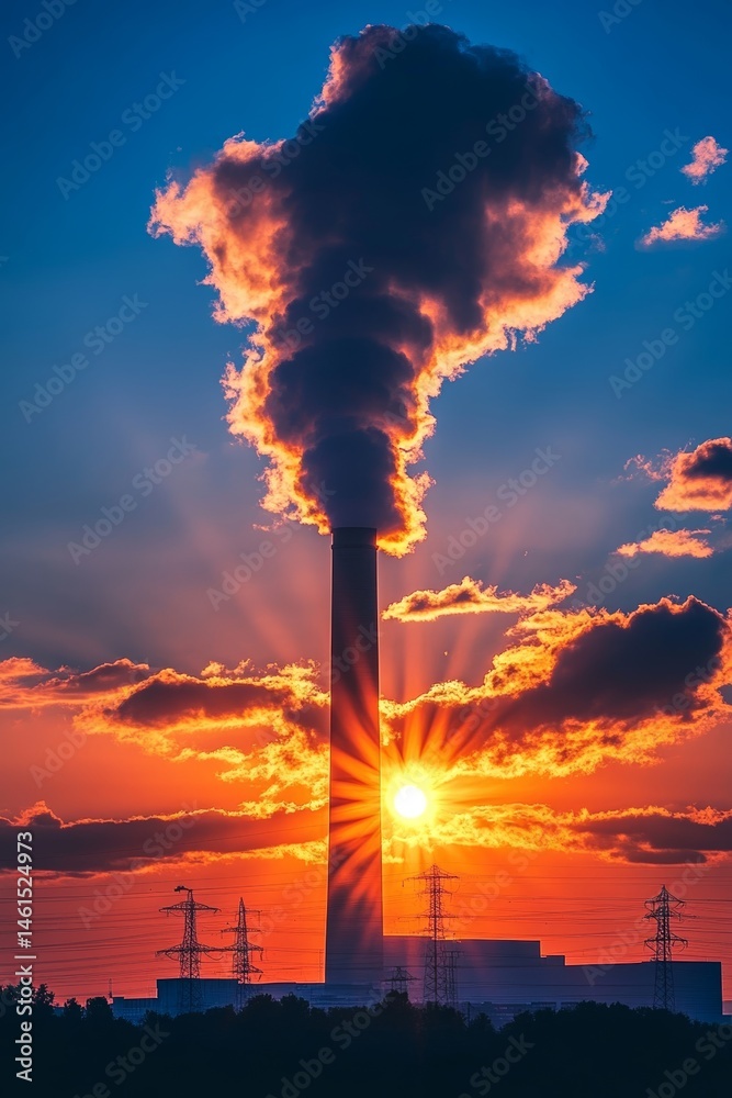 Fototapeta premium Industrial Power Plant Emitting Pollution at Sunset, Environmental Impact of Fossil Fuels.