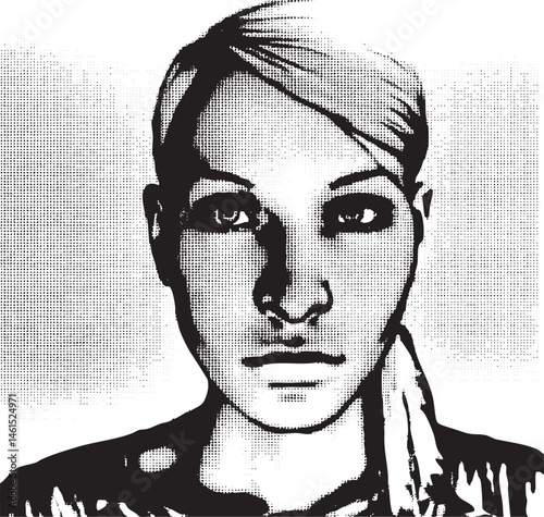 A young woman gazes intently at the viewer with a serious expression.