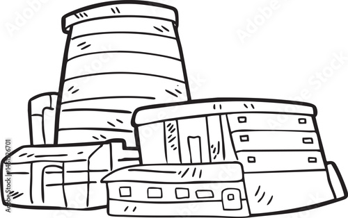 A stylized black and white depicts a tall industrial chimney structure.