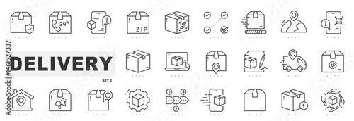 Set of delivery related line icons. Package, logistic, transport etc. Editable stroke. Set 2