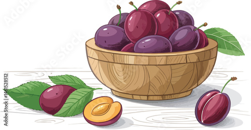 Plum Illustration vector design, Plums in bowl on table in white background Illustration vector design