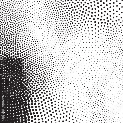 A dynamic black and white halftone transitions from dense dots to a softer gradient.
