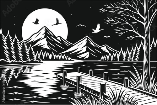 13 night scene, moonlit landscape, mountains, lake, wooden pier, full moon, flying birds, black and white illustration, high contrast, detailed linework, woodcut style, serene atmosphere, reflections 