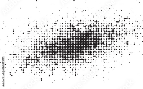 A dense cluster of black dots spreads across a white background.
