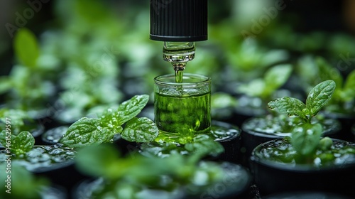 Nutrient solution being dispensed to mint plants in a controlled environment photo