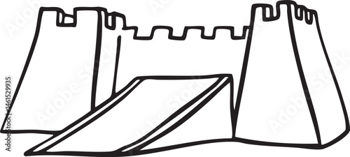 A simple black and white drawing depicts a stylized with a ramp.