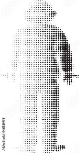A solitary figure stands in a stark black and white dotted