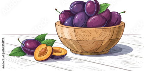 Plums in wooden bowl on table in white background vector design, Plum Illustration vector design