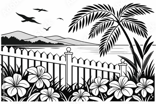 14 Detailed pencil drawing, garden scene, white picket fence, tropical flowers, hibiscus, palm fronds, birds in flight, calm lake, distant mountains, clouds, lush vegetation, intricate floral details,