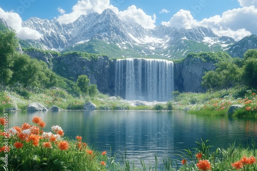 Waterfall plunges into clear lake surrounded by lush greenery and mountain peaks