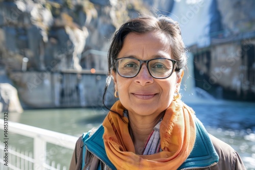 Portrait of a smiling middle aged indian female engineer at hydroelectric plant