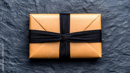 Brown Gift Wrapped with Black Ribbon on Dark Stone Background