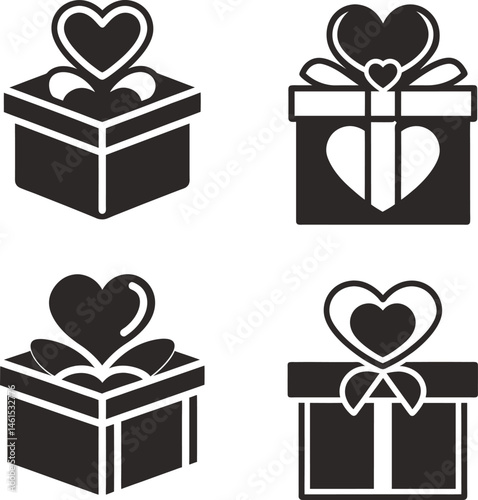 Gift boxes with hearts Valentine's Day presents love romance Black and White Silhouette Vector Illustration Symbol 
