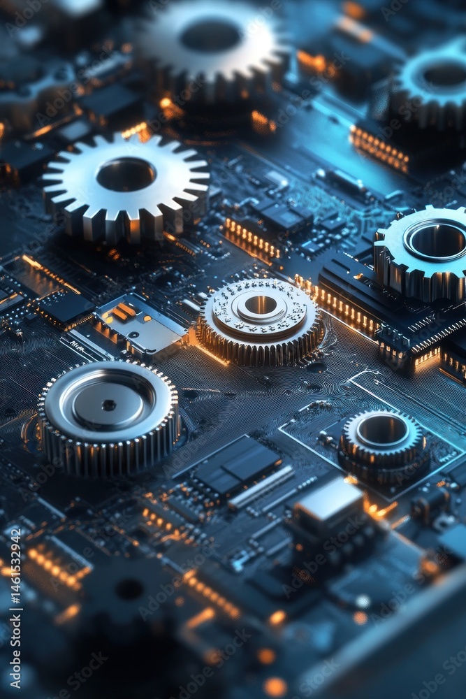 Fototapeta premium Gears and circuit board high tech mechanism