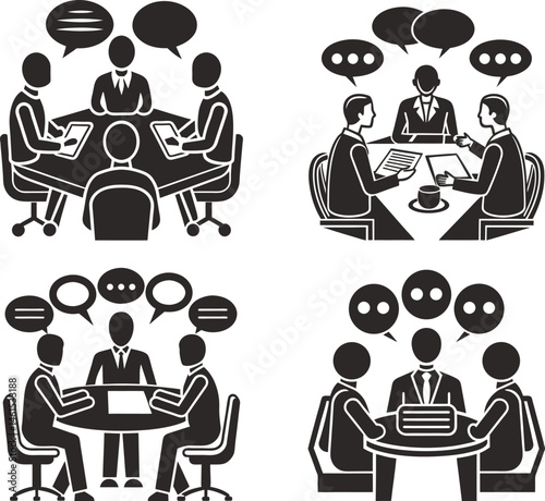 Business Meetings Teamwork Collaboration Discussion Symbol  Set, Group of People Engaged In a Discussion Vector Illustration Image