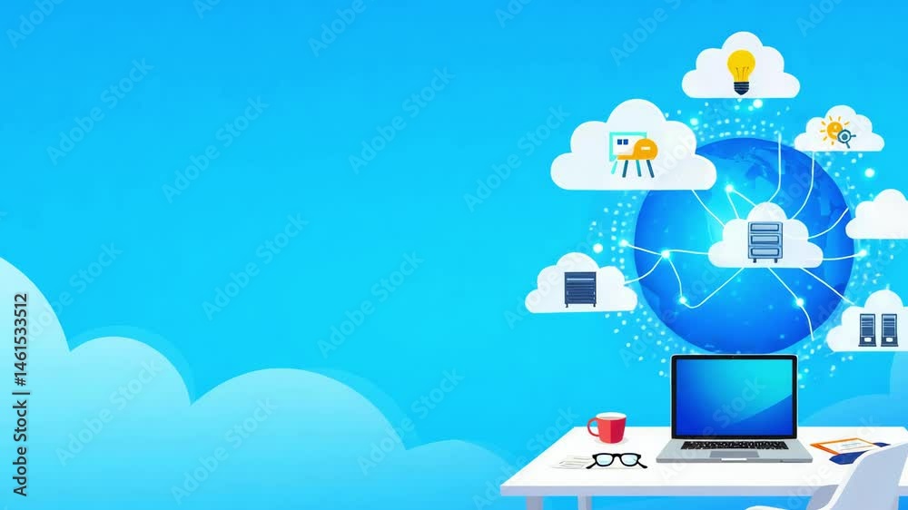 A modern workspace featuring a laptop on a desk with cloud computing icons and a blue sky background