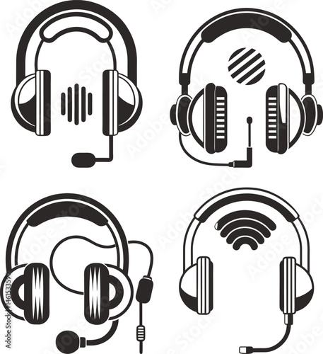Headset designs audio music technology, Headphone symbol black and white silhouette vector illustration 