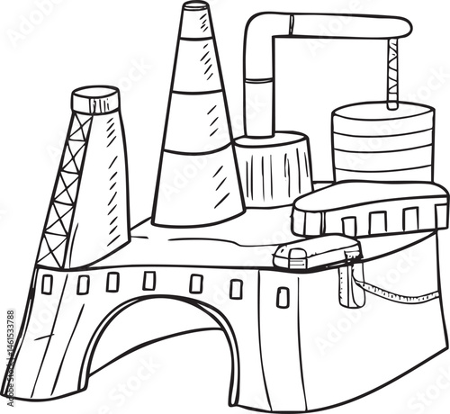 Black and white of a stylized industrial complex.
