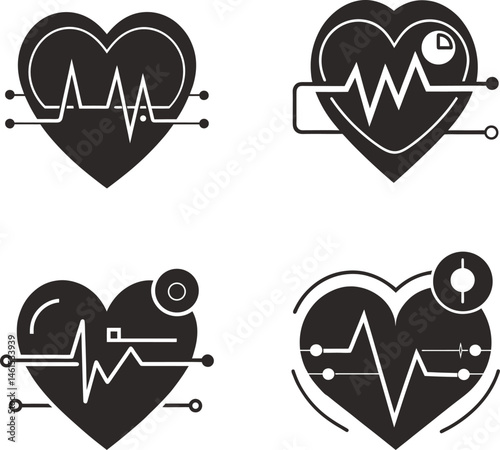 Heart Rate Monitoring Technology Symbol Set Medical Healthcare App Design Black and White Silhouette Vector Illustration 