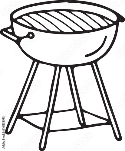 A simple charcoal grill rests on a metal stand.