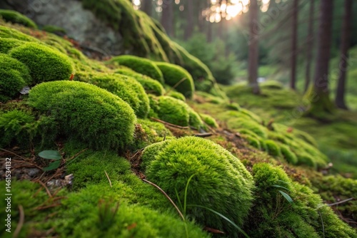 Close-up of the texture of green moss covering a stone in the forest. High quality photo
