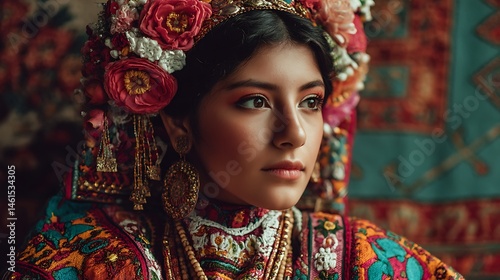 Latina woman gazes in traditional, ornate dress